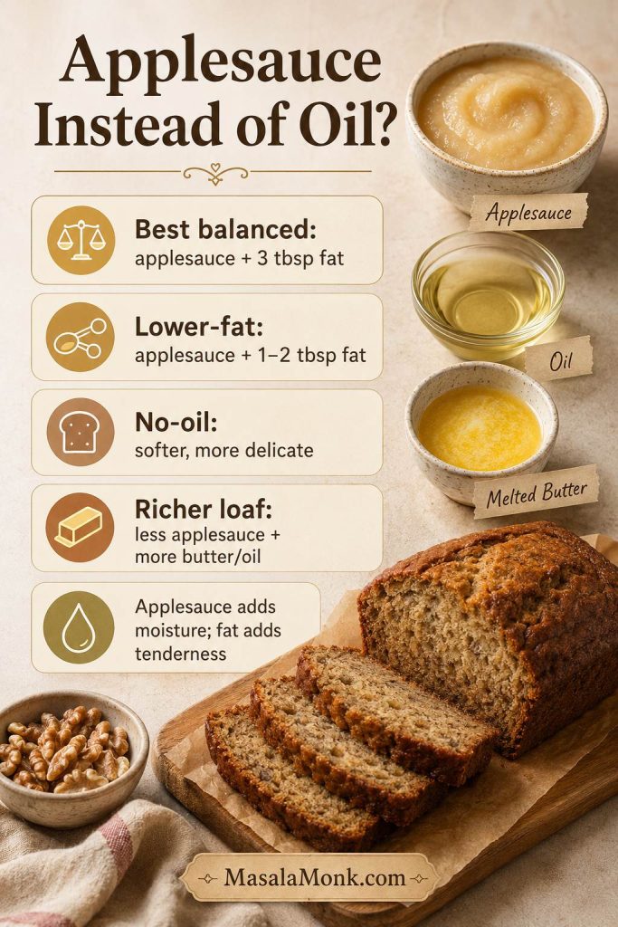 Applesauce instead of oil decision board showing balanced, lower-fat, no-oil, and richer banana bread options.