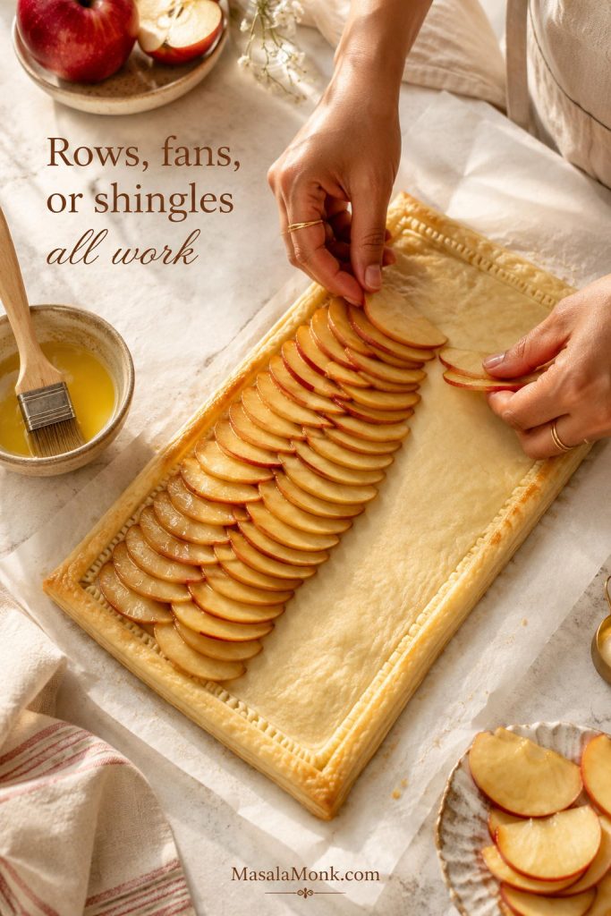 Hands arranging thin apple slices in overlapping rows on puff pastry for apple tart.