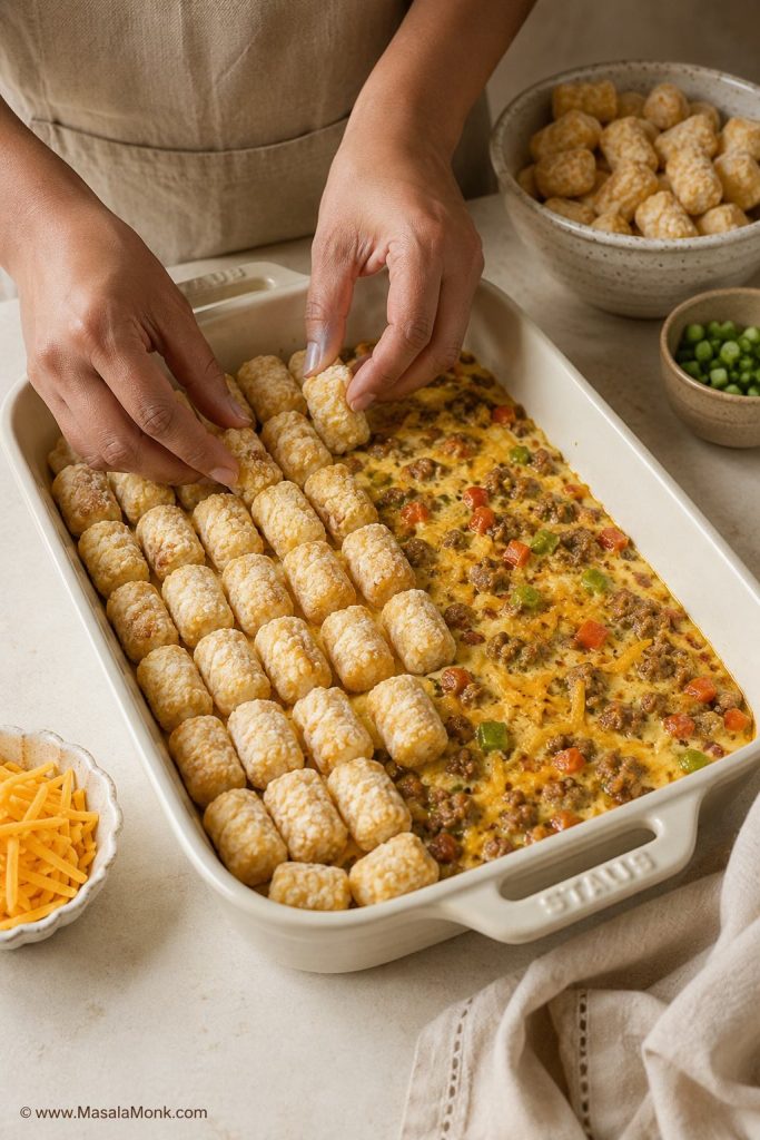 A hand arranging frozen tater tots over sausage, cheese, and egg filling in a rectangular baking dish.