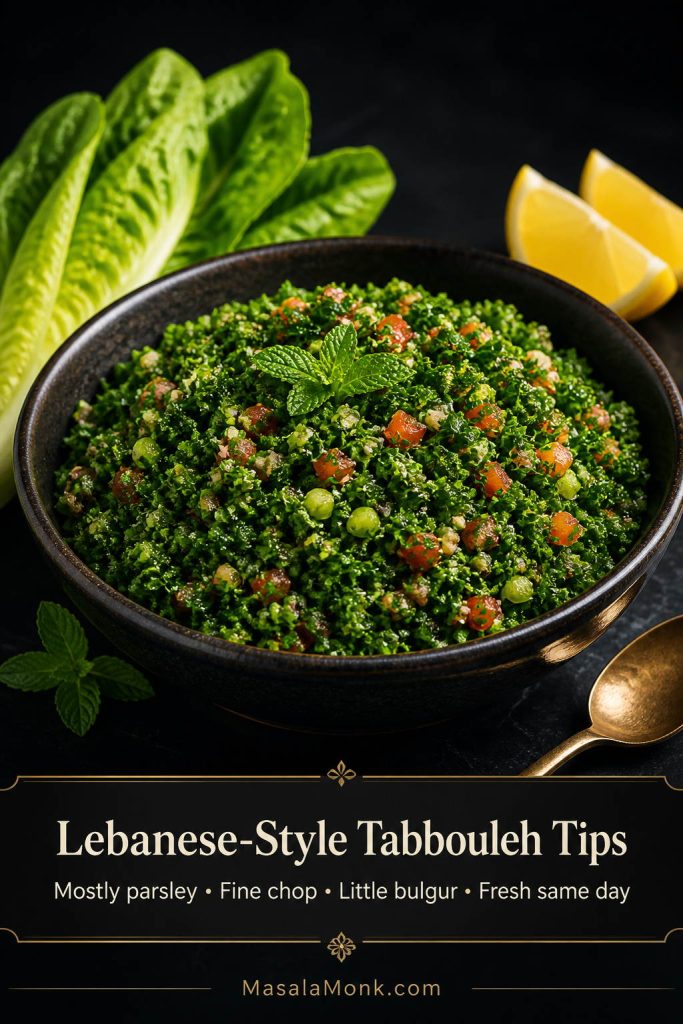A Lebanese-style tabbouleh tips graphic showing a mostly green parsley-heavy bowl with lemon wedges and romaine leaves.