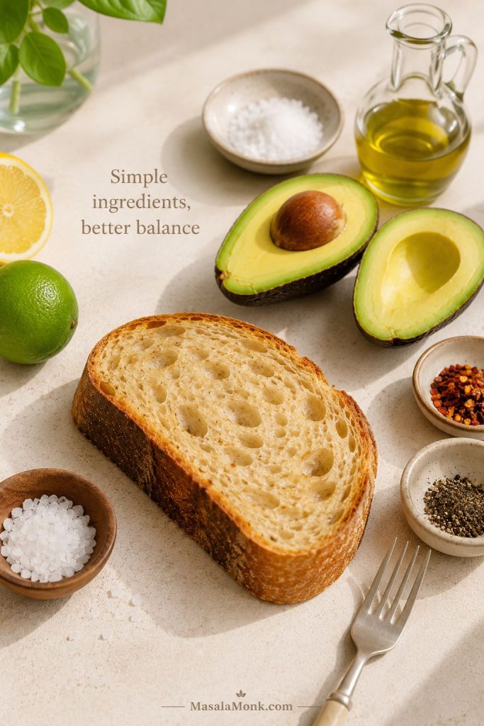 Avocado toast ingredients including bread, ripe avocado, lemon, olive oil, salt, pepper, chili flakes, and flaky salt.