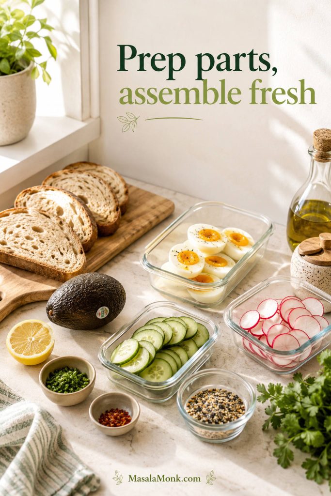 Make-ahead avocado toast prep with boiled eggs, sliced cucumber, radish, whole avocado, lemon, bread, seasonings, and herbs.