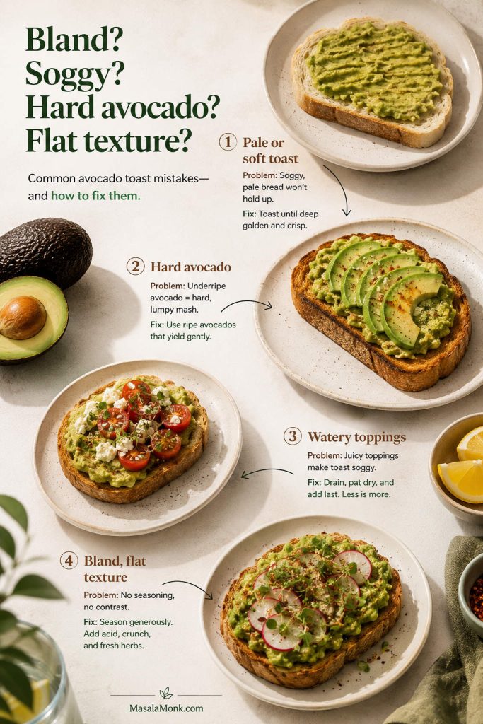 Avocado toast mistakes and fixes guide showing pale toast, hard avocado, watery toppings, bland mash, and improved toast examples.