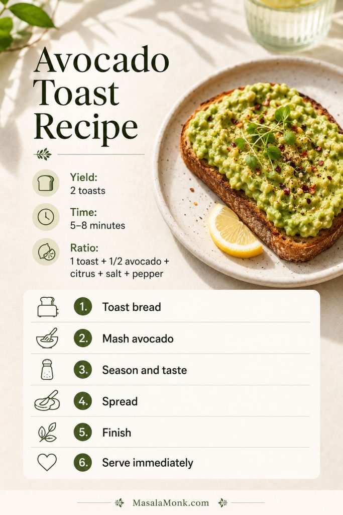 Avocado toast recipe card with finished toast, yield for two toasts, five-to-eight-minute timing, base ratio, and six steps.