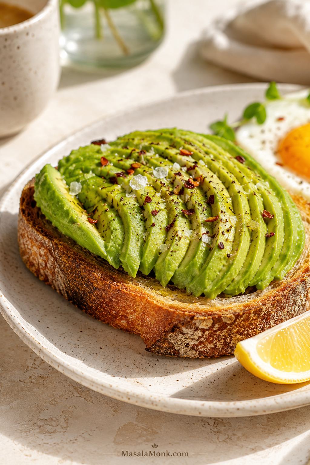 Avocado toast on thick sourdough with seasoned avocado, chili flakes, flaky salt, lemon, and a soft fried egg on a café plate.
