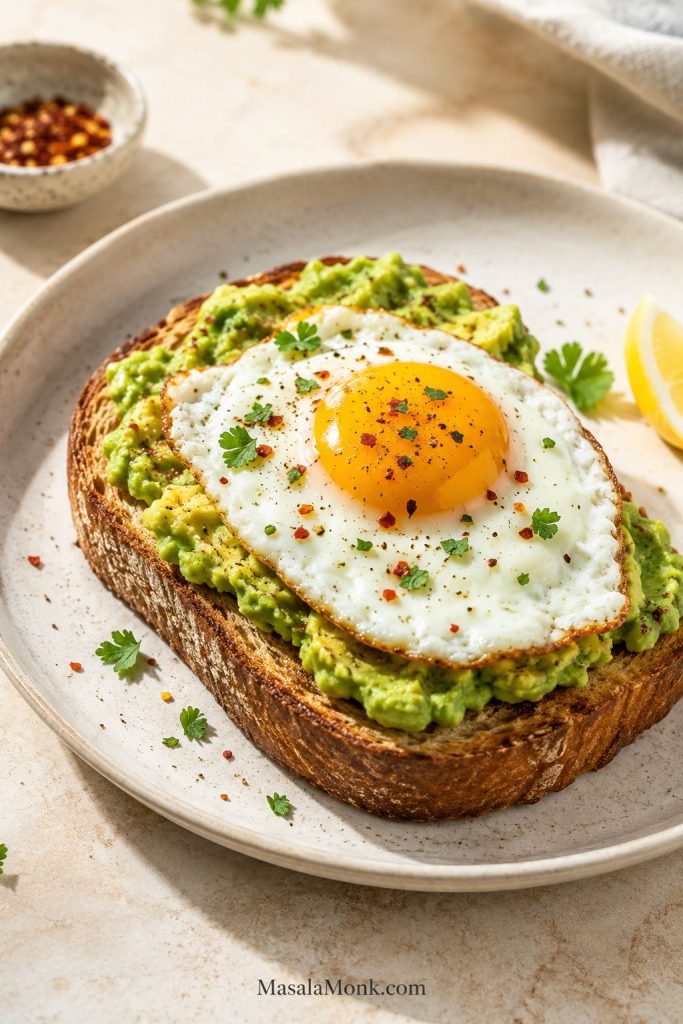Avocado toast with a fried egg, soft yolk, herbs, chili flakes, and crisp sourdough edge.