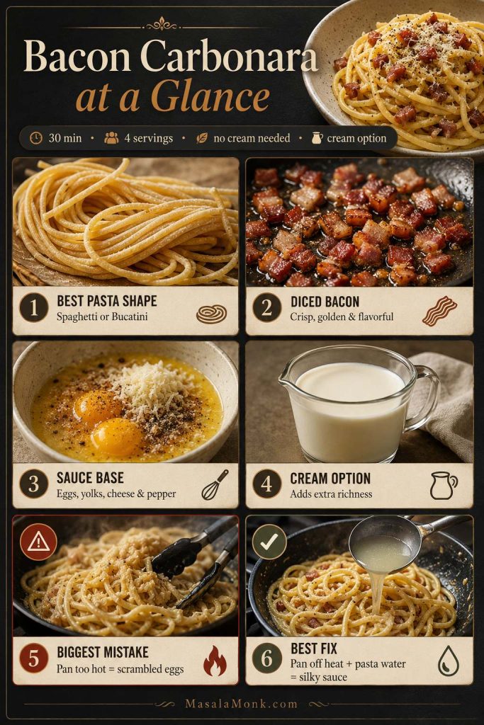 Bacon carbonara overview board with pasta, bacon, eggs, cheese, pasta water, cream option, and heat-control cues.