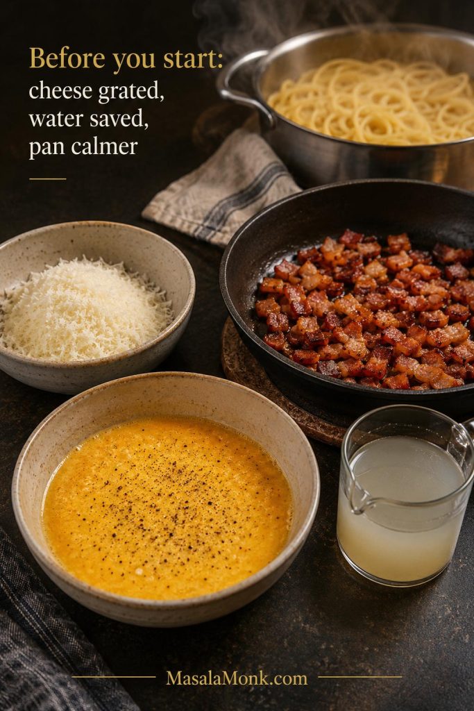 Bacon carbonara prep station with grated cheese, whisked egg mixture, cooked bacon, pasta water, and spaghetti pot.