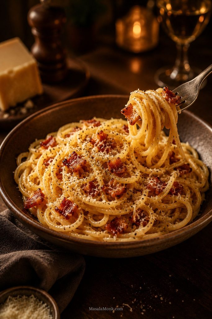 Final serving of bacon carbonara with glossy spaghetti, crisp bacon, black pepper, and cheese at a warm dinner table.