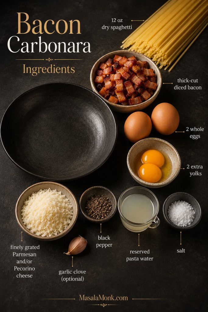 Bacon carbonara ingredients with spaghetti, diced bacon, eggs, yolks, grated cheese, black pepper, pasta water, salt, and garlic.