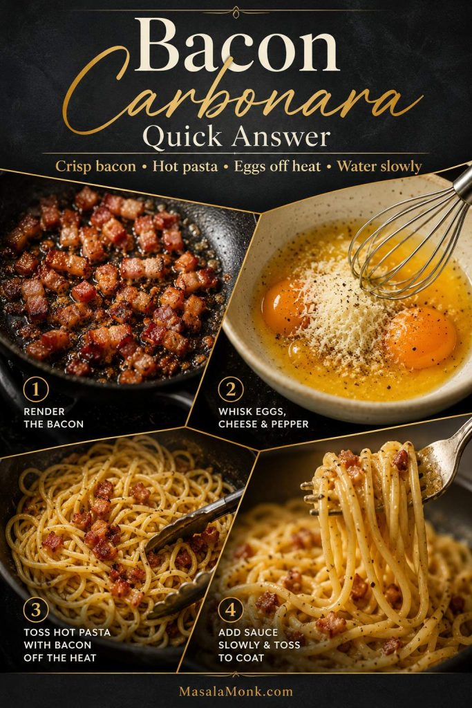 Four-step bacon carbonara guide showing bacon cooking, egg and cheese mixture, pasta tossed off heat, and finished spaghetti.