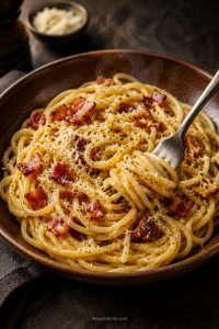 Bowl of glossy bacon carbonara with spaghetti, crisp diced bacon, black pepper, and finely grated cheese.