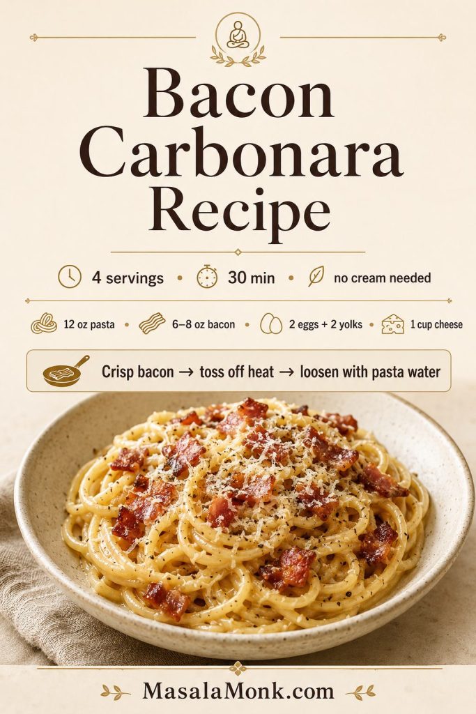 Saveable bacon carbonara recipe card with pasta, bacon, eggs, yolks, cheese, and a short method.