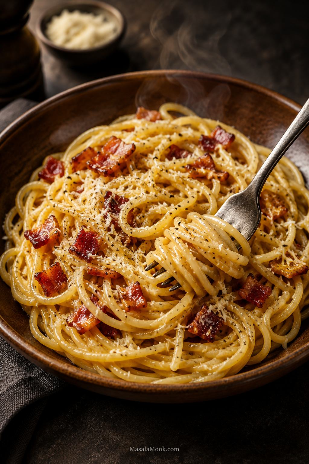 Bowl of glossy bacon carbonara with spaghetti, crisp diced bacon, black pepper, and finely grated cheese.