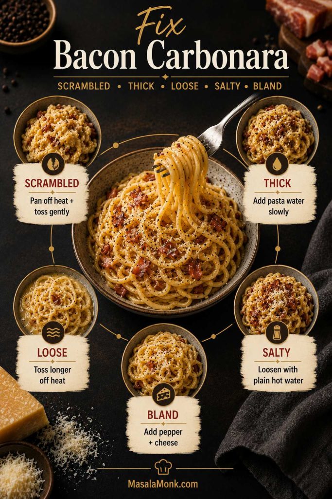 Bacon carbonara troubleshooting board with fixes for scrambled, thick, loose, salty, and bland sauce.