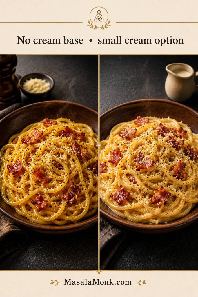 Side-by-side bacon carbonara bowls showing a no-cream base and a small cream option.