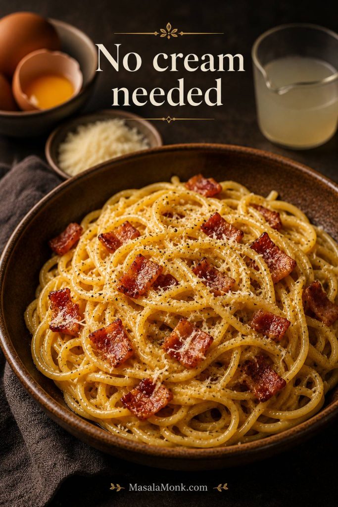 Bacon carbonara without cream served with eggs, cheese, and pasta water in the background.