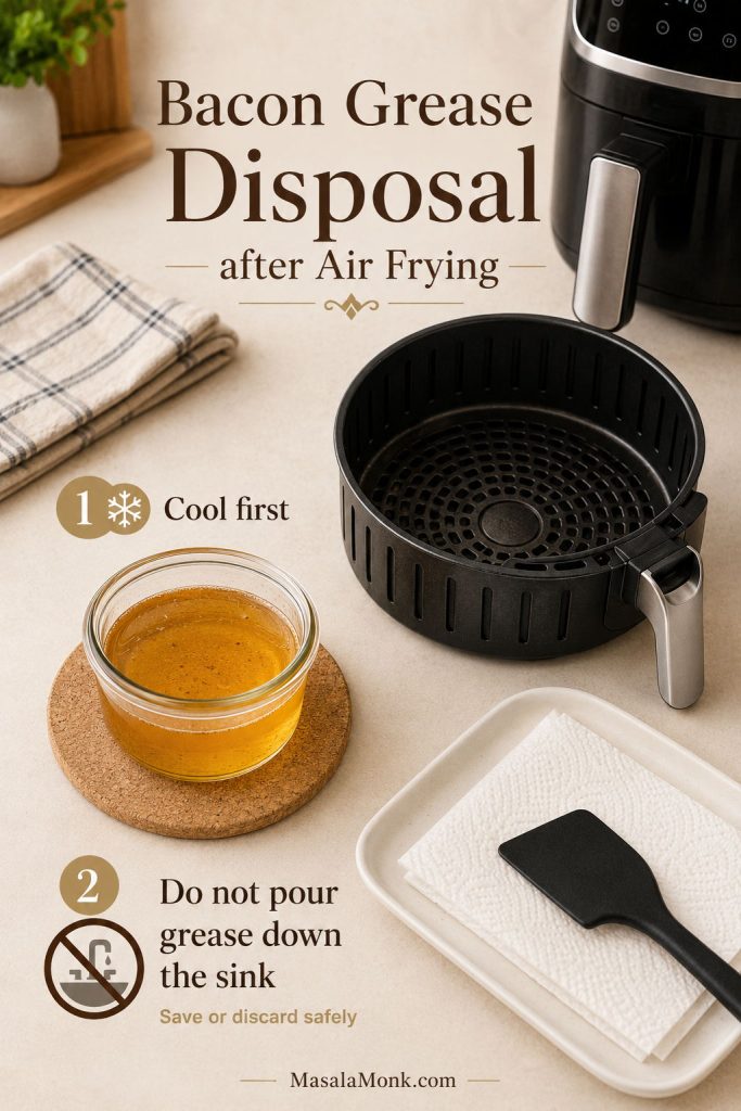 Air fryer bacon grease disposal setup with cooled bacon fat in a heat-safe container, paper towels, and an empty air fryer basket.