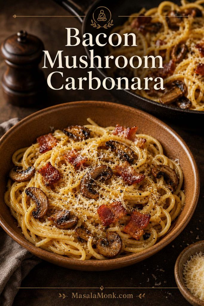 Bacon mushroom carbonara with browned mushrooms, crisp bacon, grated cheese, and black pepper.