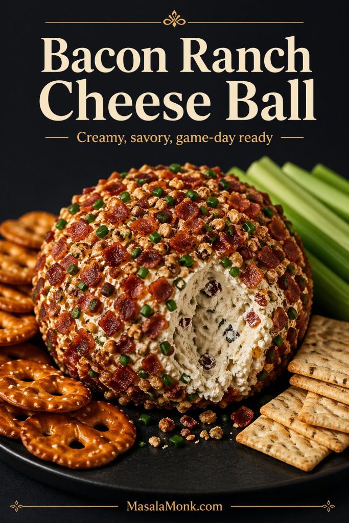 Close-up of a bacon ranch cheese ball coated with chopped bacon, chives, and crunchy bits, served with pretzels, celery sticks, and crackers on a dark platter.