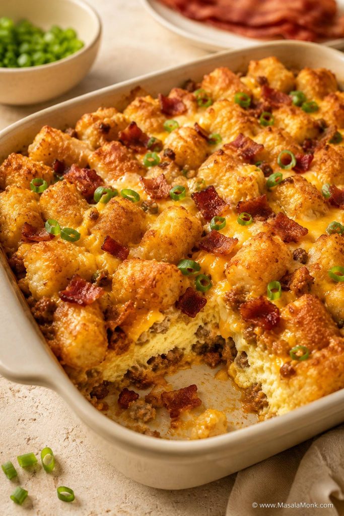 Bacon tater tot breakfast casserole with crisp bacon pieces, eggs, cheese, green onion, and browned tater tots.