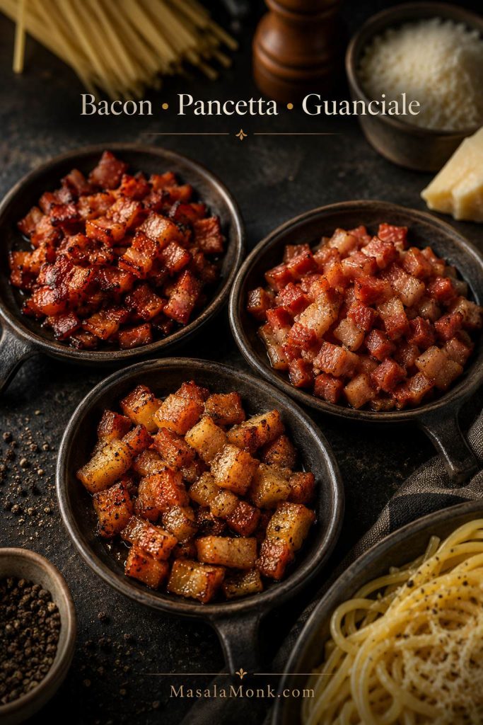 Cooked diced bacon, pancetta, and guanciale shown separately for carbonara.