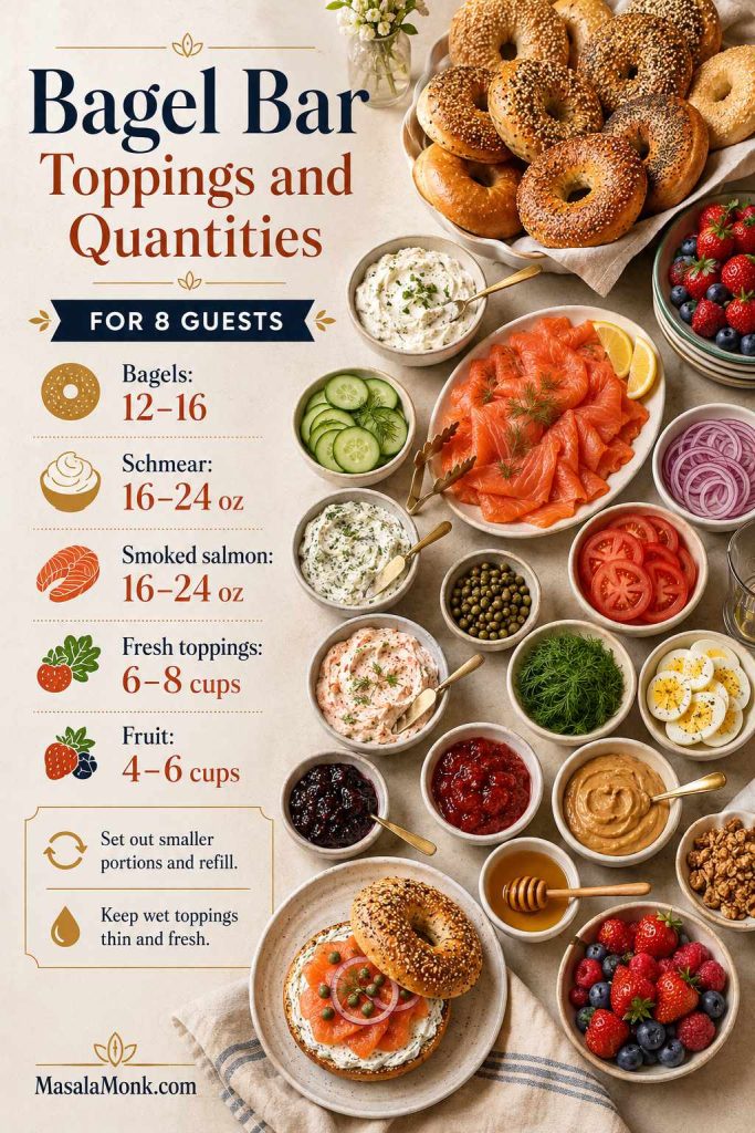 Bagel bar quantity guide for eight guests with bagels, schmear, smoked salmon, sliced vegetables, herbs, eggs, fruit, jam, peanut butter, and honey.