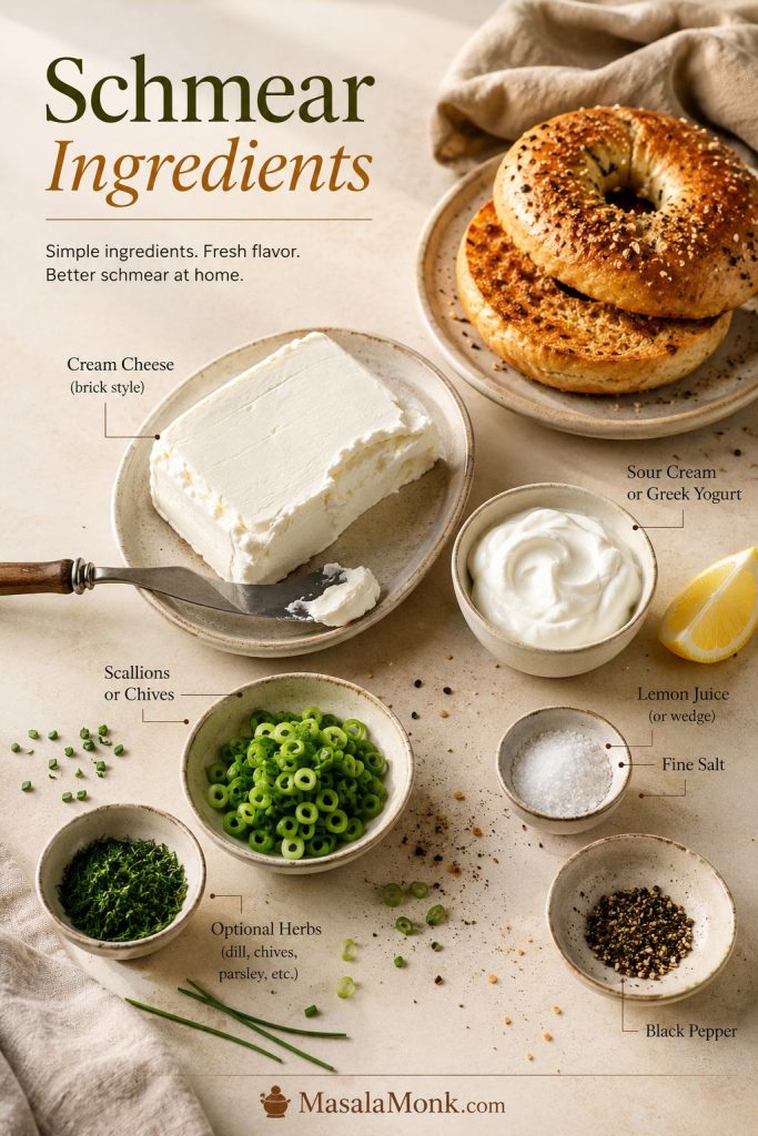 Bagel schmear ingredients including cream cheese, Greek yogurt or sour cream, lemon, salt, pepper, scallions, herbs, and bagel halves.