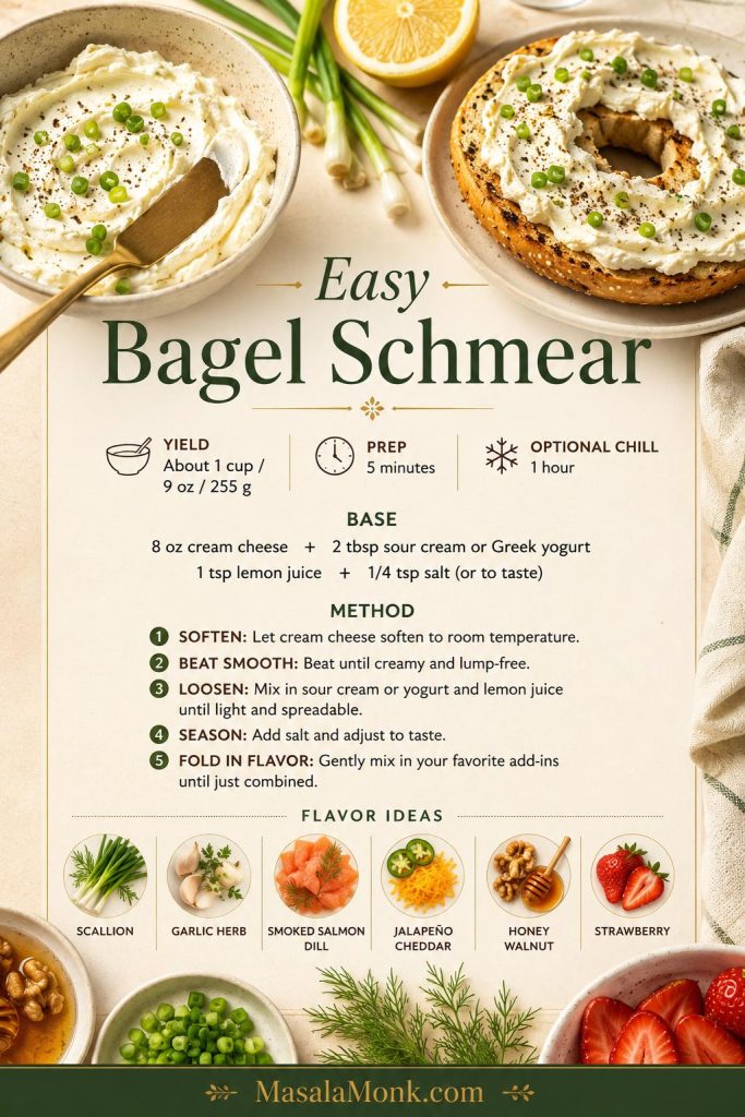 Saveable bagel schmear recipe card with yield, prep time, base ingredients, method, and flavor ideas.