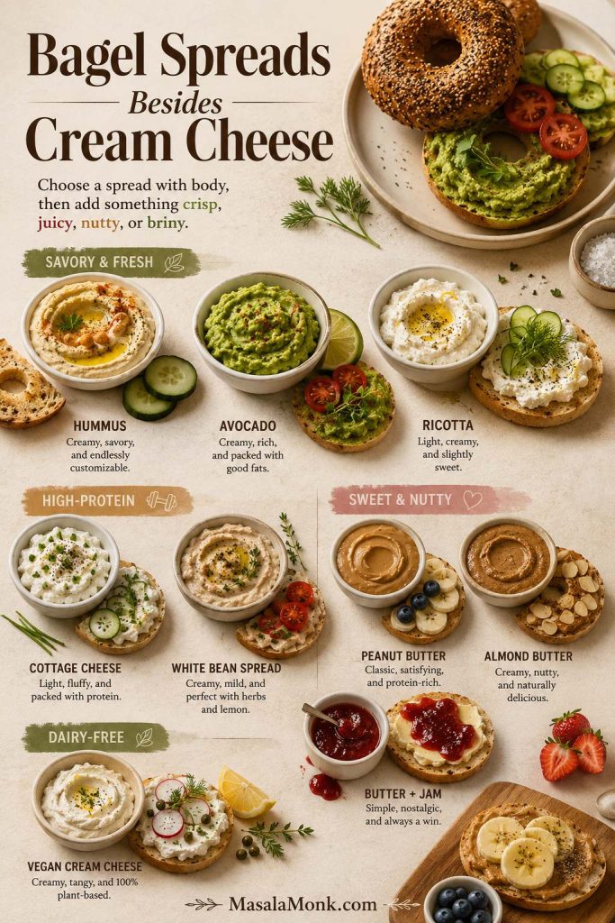 Bagel spreads besides cream cheese, including hummus, avocado, ricotta, cottage cheese, nut butter, jam, and vegan cream cheese.