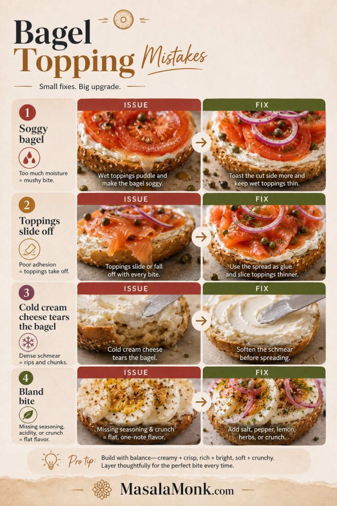 Bagel topping mistakes and fixes showing soggy bagels, sliding toppings, cold cream cheese, and bland bites.