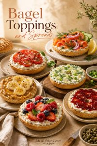Assorted open-faced bagels with smoked salmon, scallion schmear, tomato, peanut butter banana, ricotta berries, and jam.