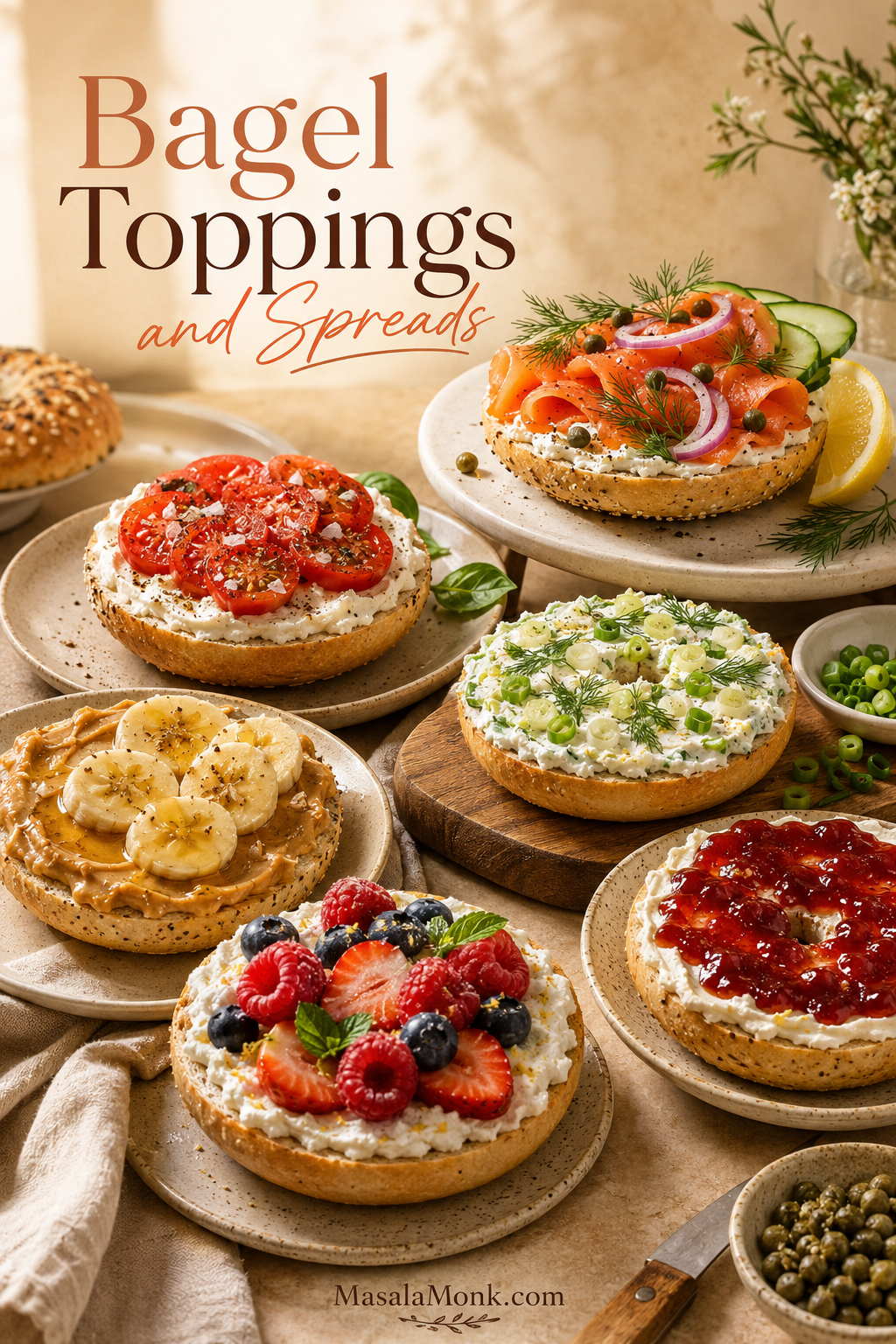 Assorted open-faced bagels with smoked salmon, scallion schmear, tomato, peanut butter banana, ricotta berries, and jam.