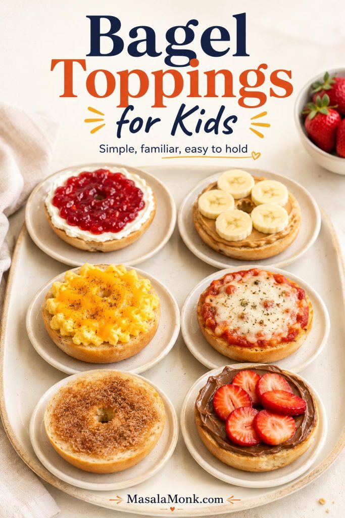 Kid-friendly bagel toppings with cream cheese jam, peanut butter banana, egg cheese, mini pizza, cinnamon sugar, and Nutella strawberries.