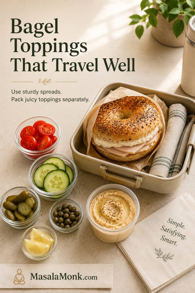 Packed lunch bagel with sturdy spread and separate containers of cucumber, tomato, pickles, capers, lemon, and hummus.