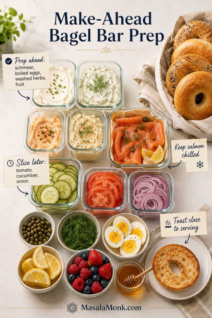 Make-ahead bagel bar prep with containers of schmear, smoked salmon, vegetables, herbs, boiled eggs, berries, lemons, honey, and bagels.