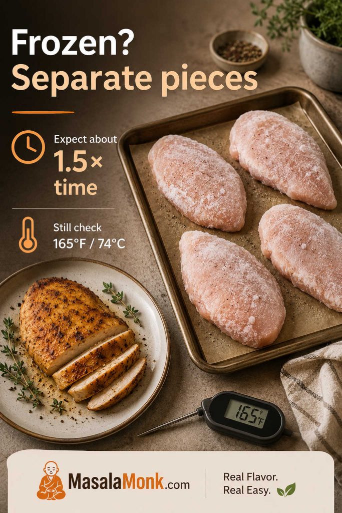 Separated frozen chicken breasts on a sheet pan with timing and 165°F internal temperature guidance.