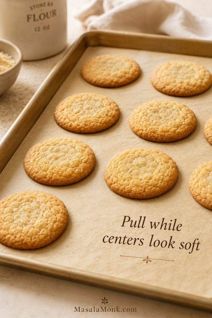Freshly baked almond flour cookies with golden edges and soft centers on a parchment-lined tray.