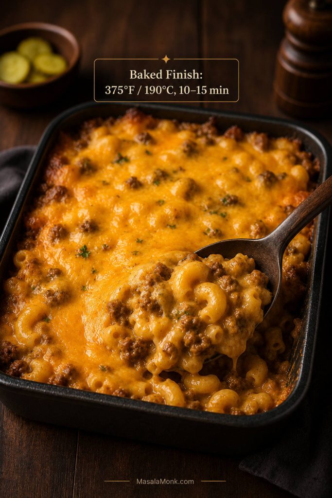 Baked cheeseburger macaroni in a rectangular dish with melted cheddar on top and a spoon lifting saucy pasta.