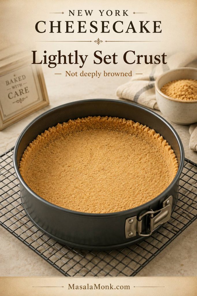 Lightly baked crumb crust cooling in a springform pan before cheesecake filling is added.