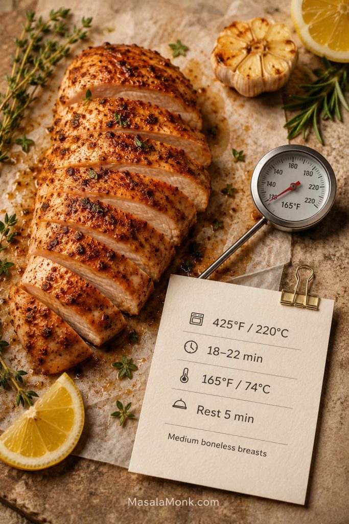 Baked chicken breast at-a-glance guide showing 425°F, 18 to 22 minutes, 165°F internal temperature, and 5 minutes rest.