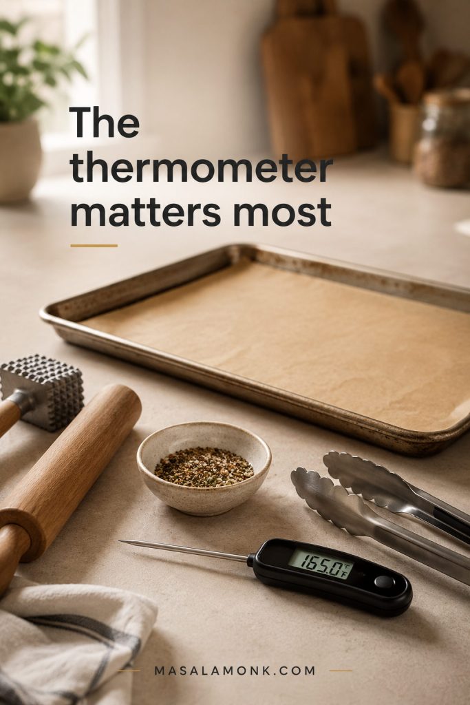 Equipment for baked chicken breast including an instant-read thermometer, sheet pan, parchment, tongs, and a meat mallet.
