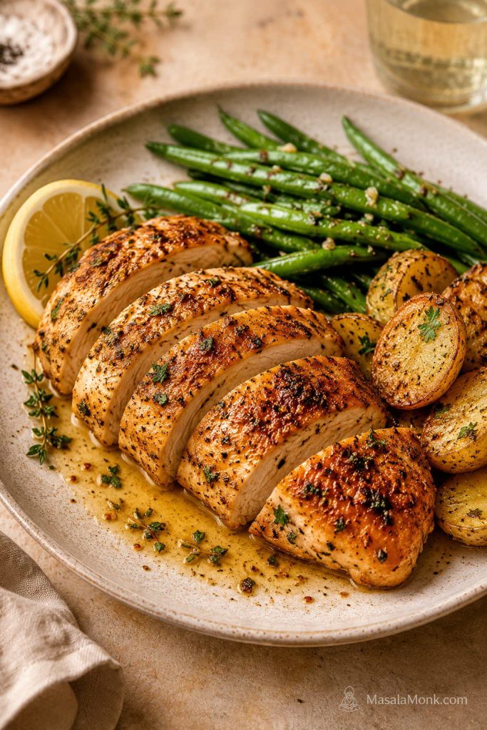 Finished baked chicken breast sliced and served with roasted potatoes, green beans, lemon, herbs, and pan juices.