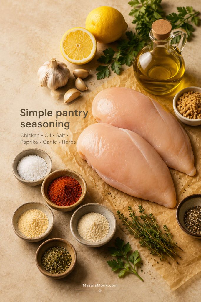 Ingredients for baked chicken breast including raw chicken, olive oil, paprika, garlic powder, herbs, salt, pepper, lemon, and parsley.