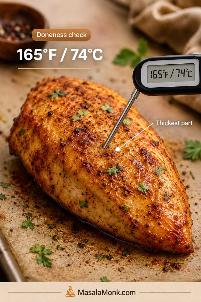 Instant-read thermometer inserted into the thickest part of baked chicken breast showing 165°F / 74°C.