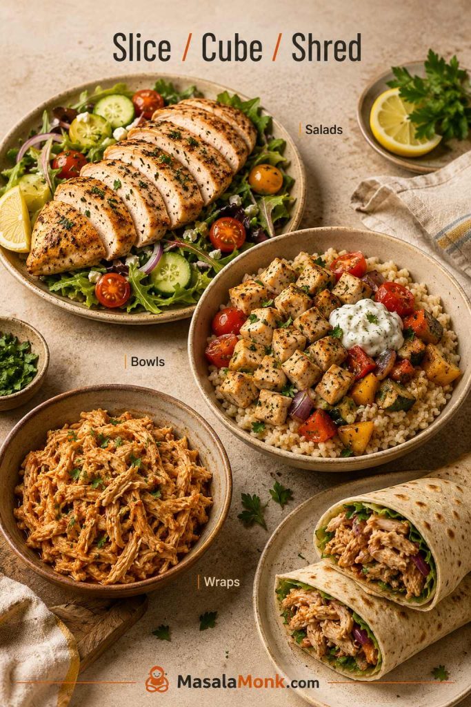 Baked chicken breast prepared three ways for meal prep: sliced for salad, cubed for bowls, and shredded for wraps.