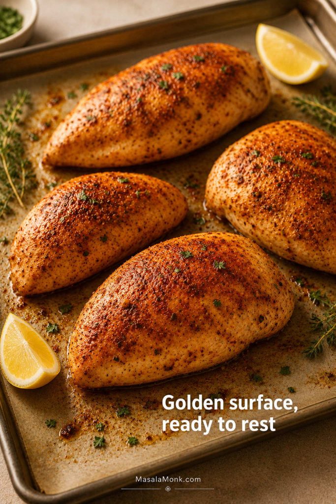 Golden baked chicken breasts on a sheet pan with herbs, lemon, browned bits, and light pan juices.