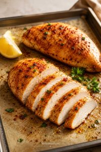 Sliced golden baked chicken breast with pan juices, lemon, parsley, potatoes, and green beans on a plate.
