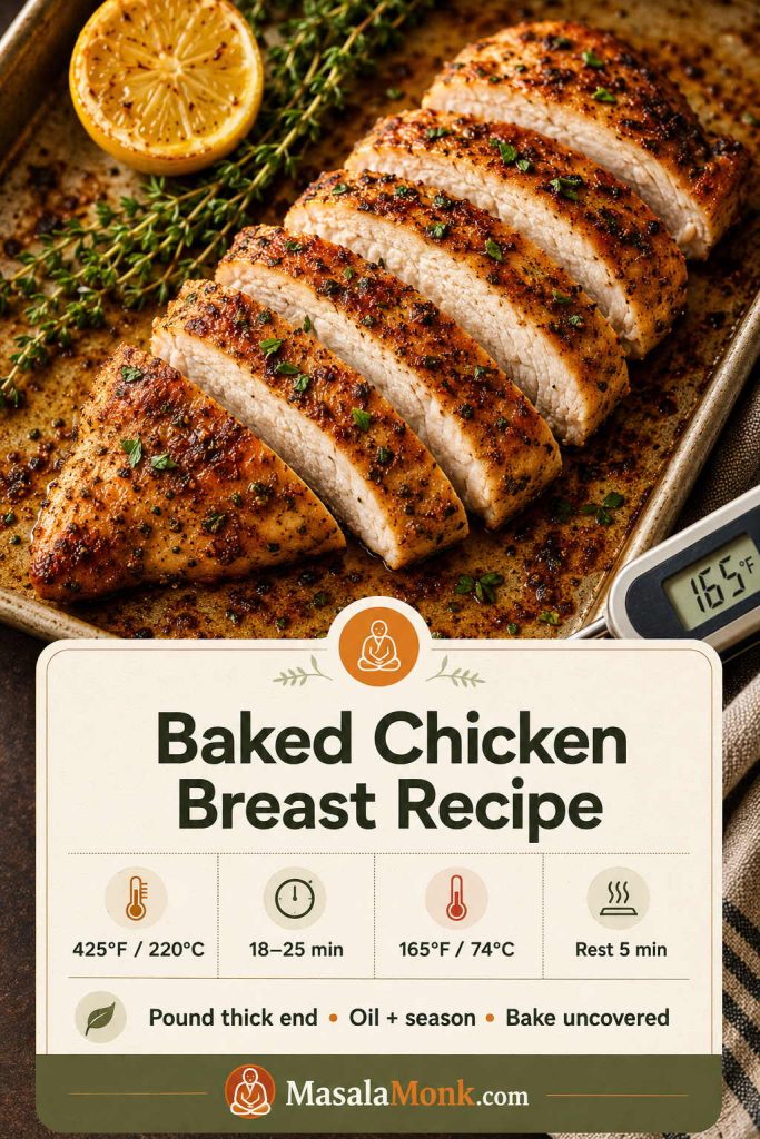 Saveable baked chicken breast recipe card with 425°F oven temperature, 18 to 25 minutes bake time, 165°F internal temperature, and 5 minute rest.