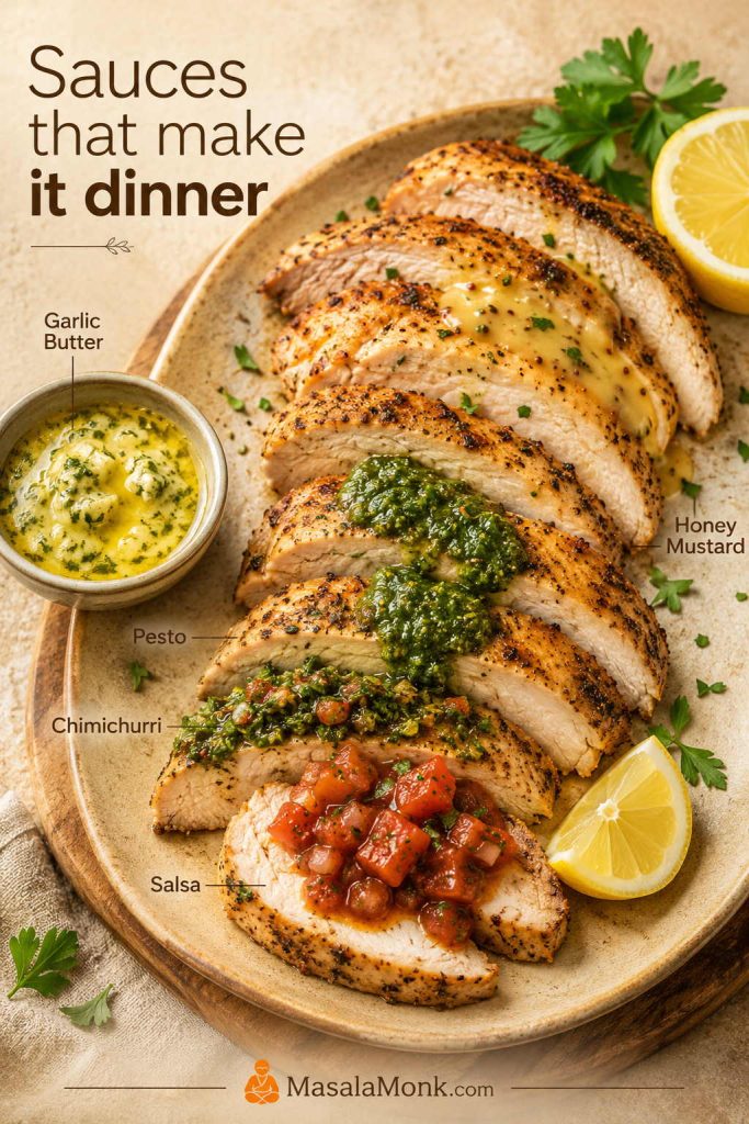 Sliced baked chicken breast served with garlic butter, pesto, chimichurri, honey mustard, and salsa.